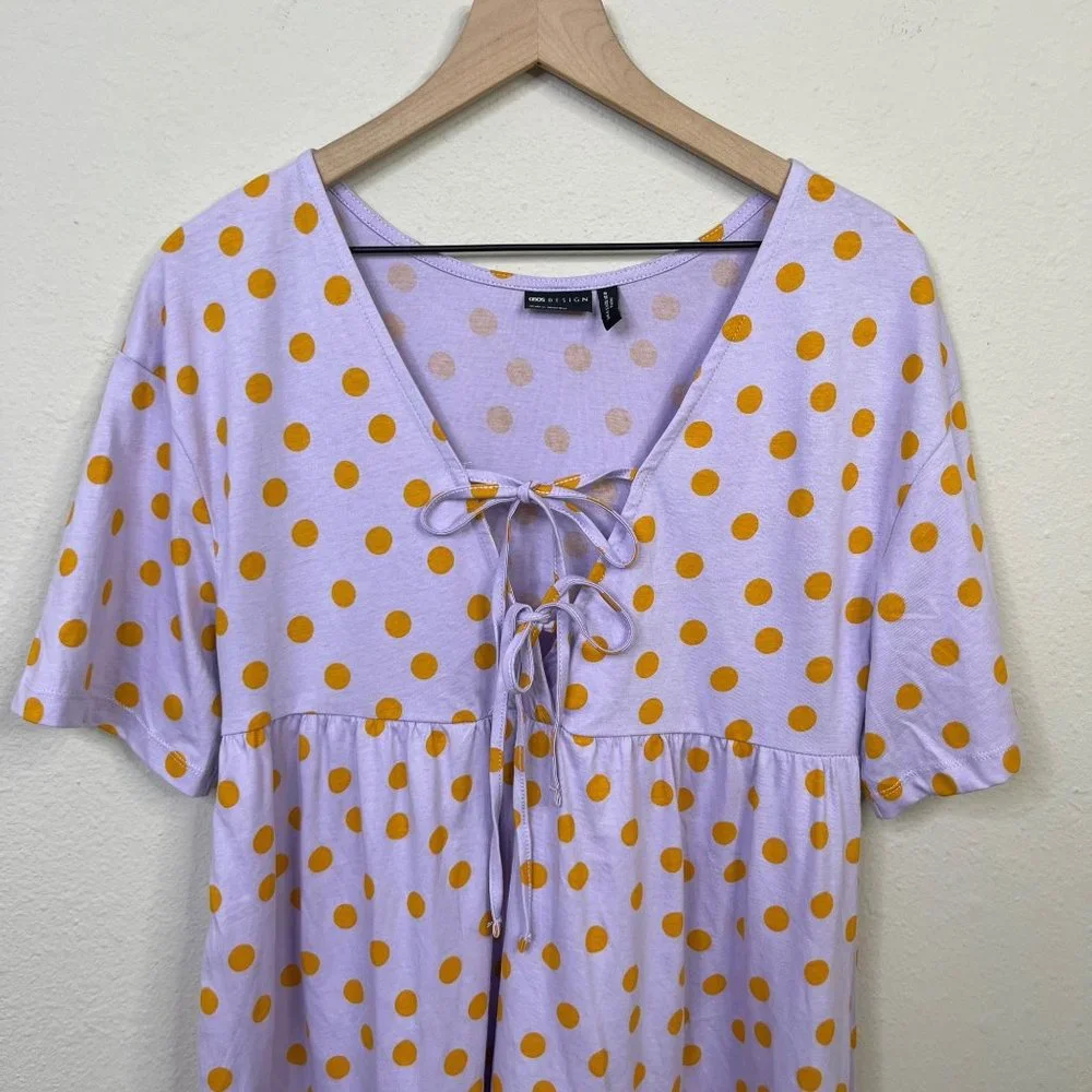 ASOS Design Women's Baby Doll Dress Size 0 Lilac Polka Dot Tie Oversized - Picture 6 of 12